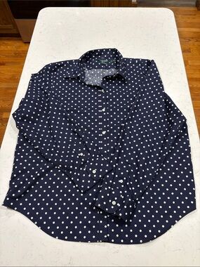 Lauren Ralph Lauren Navy and White Polka Dot Button-Down Shirt